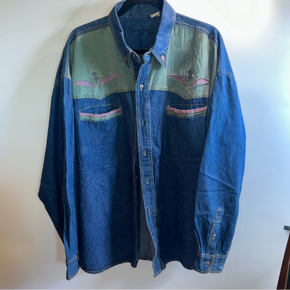 FryDay Western Denim Vintage Style Chambray Button Front Long Sleeve Shirt Large